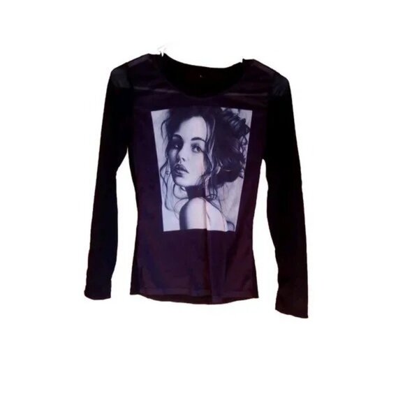 Black Sheer Face Long Sleeves pullover Top Size S New - Picture 3 of 4